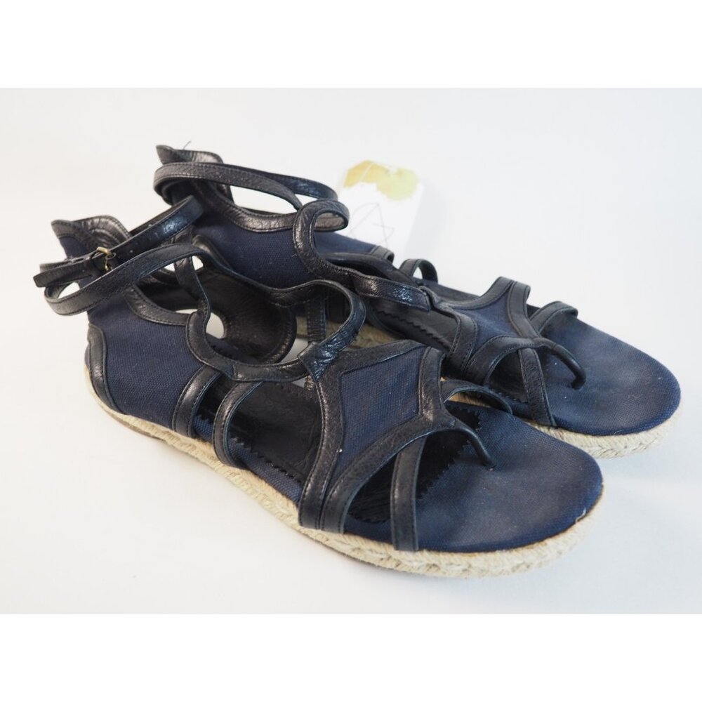 Balenciaga Navy Blue Leather Strappy Espadrille Sandals, Size 9 | 39